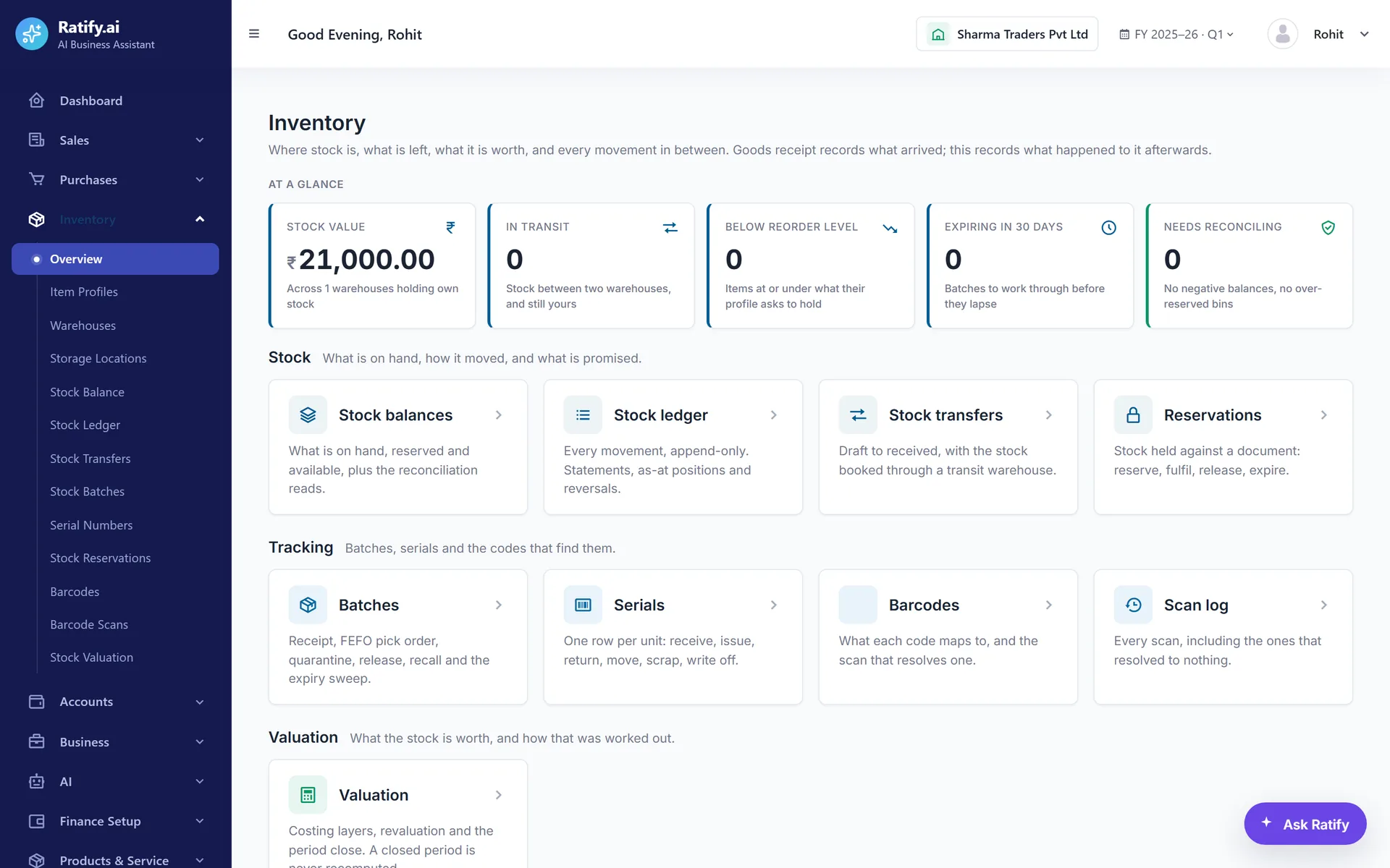 Ratify Bill Book inventory overview with stock value, items in transit, reorder and expiry alerts
