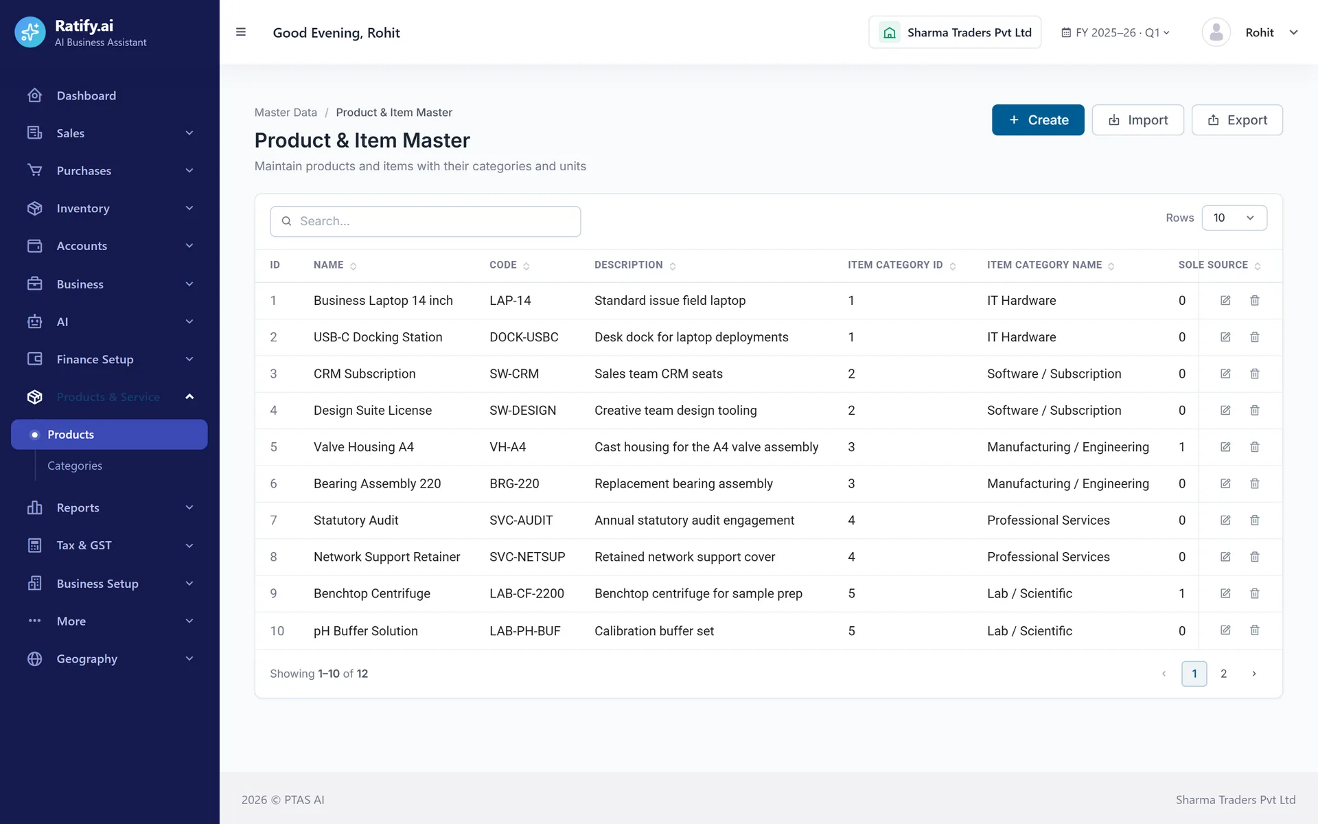 Ratify Bill Book product and item master listing items with their codes, descriptions and categories